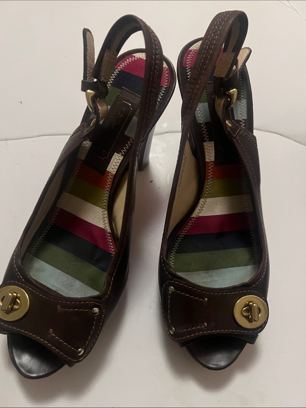 Coach Keira Brown Leather Slingback Heels with Multicolor Striped Insole 8 1/2B